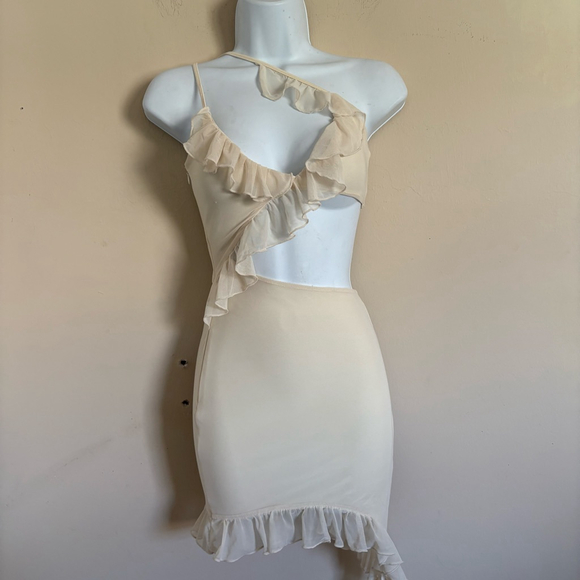 Women's Oh Polly Asymmetrical Ruffle Cutout Mini Dress US 0 Beige - Picture 9 of 15